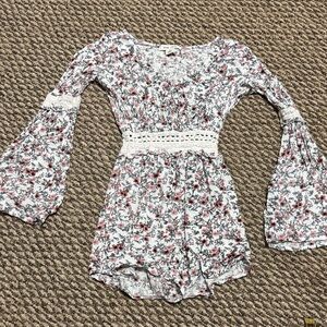 Adam Levine Collection Pink and White Floral Romper Shorts with Long Bell Sleeve